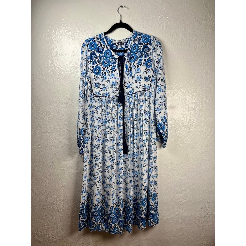 R.Vivimos Floral Midi‎ Dress Womens Small Blue White Boho Tassel Tie Cottagecore